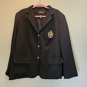 Lauren Ralph Lauren Womens 20W‎ Club Jacket Crest Logo Black Wool Blazer